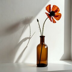 A shelf displaying a vase containing a flower