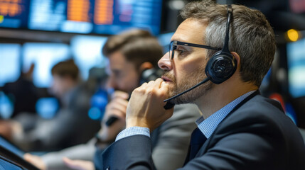 Traders engaged in active phone discussions at a bustling stock market during trading hours