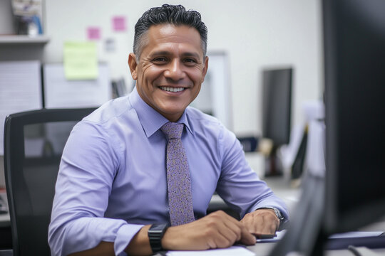 Middle-aged Hispanic businessman sitting in office space 