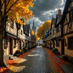 Cobblestone path with church steeple visible.