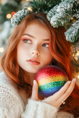 Young woman by the Christmas tree, holding a Christmas ball with rainbow colors.