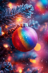 Christmas tree closeup on rainbow glitter ball.