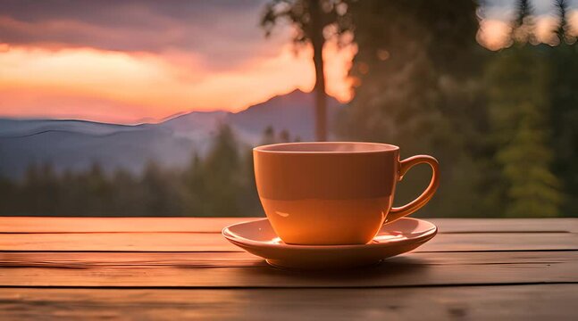 A cup of hot coffee with a beautiful evening view, steam rising gently, set on a rustic wooden table