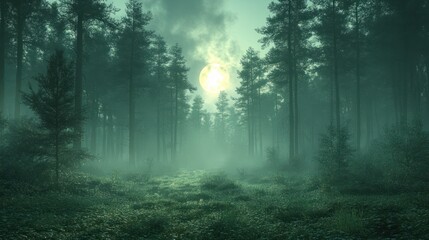 Fototapeta premium Misty forest landscape illuminated by a full moon.