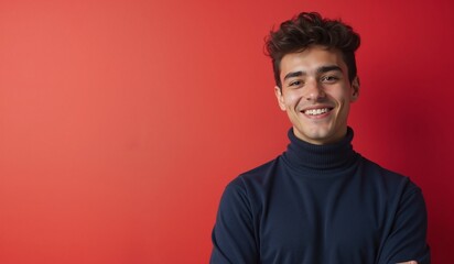 Obraz premium Cheerful young man smiling confidently against vibrant red background with copy space