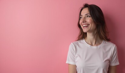 Fototapeta premium Cheerful woman laughing joyfully against pink background with copy space