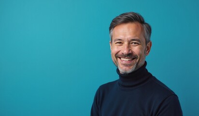 Fototapeta premium Mature Man Smiling Confidently Against Turquoise Background with Copy Space