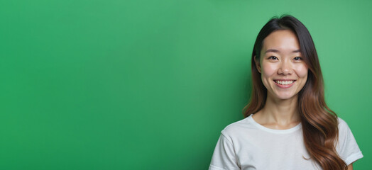 Fototapeta premium Asian woman smiling cheerfully against green background with copy space