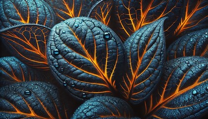 Fototapeta premium Dark blue leaves with vibrant yellow-orange accents