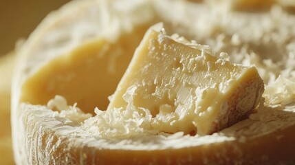 Close-up of Parmigiano Reggiano cheese wheel, with a small wedge cut and fresh cheese shavings