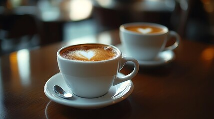 Obraz premium Two white coffee cups with heart-shaped latte art on a wooden table.