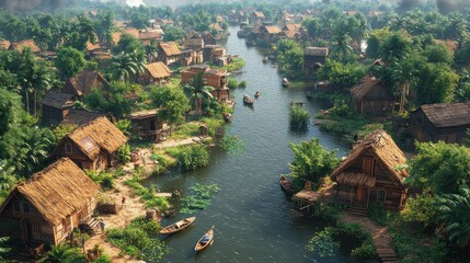Naklejka premium Serene village along a lush river, featuring traditional houses.