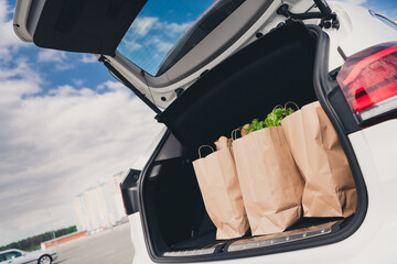Photo of white automobile open trunk full of shopping bags outdoors urban city street © deagreez