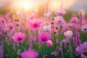 Beautiful Field of Pink Wildflowers in Bloom at Sunrise.