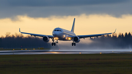 Airbus A320 Landing in Dramatic Light:  A sleek, powerful Airbus A320 descends gracefully onto the runway, bathed in the golden glow of a setting sun.
