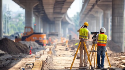 Engineers using laser levels to ensure precision during the construction of a new elevated road.