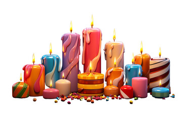 Colorful holiday candles with vibrant drips and flames, surrounded by festive candies, joyful atmosphere for celebrations and decorations, transparent background