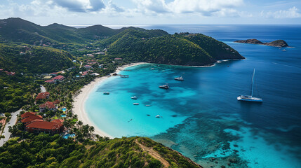 Obraz premium Caribbean Island Paradise:Luxury Yacht and Beachfront Villas. Turquoise Waters and Lush Greenery. Aerial View of Exotic Getaway.