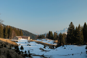 panoramica su un ambiente di montagna, con prati  innevati su un altopiano in alta quota, su un monte che si estende verso distanti catene montuose, con cielo sereno, nelle Alpi Italiane, in primavera