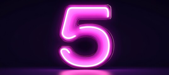 Glowing Neon Sign Numeral 5 Isolated on a Dark Background with Reflection, Vibrant Hot Pink Colors