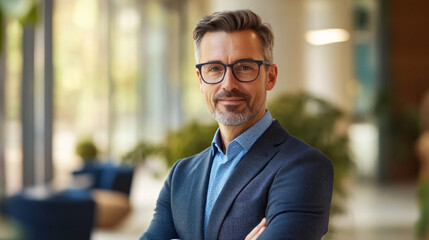 Fototapeta premium Professional man standing confidently in a modern office with bright natural light, showcasing a relaxed yet assertive demeanor during daytime
