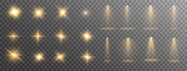 Yellow light effects. Beam from a spotlight and a star. Gold Shine, glow, white. Glowing abstract isolated light effects lens. Lens flash, explosion, spark. © Ольга Гордеева