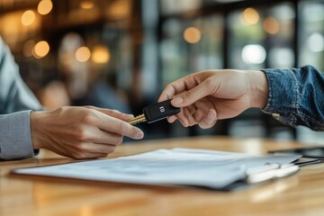 Agent in auto leasing giving key of car to client after all document and paperwork contract signed, Generative AI