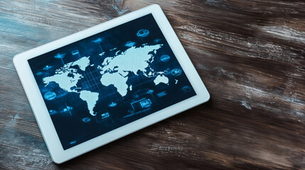 Financial news analysis displayed on a tablet with global data and market trends in a modern workspace setting