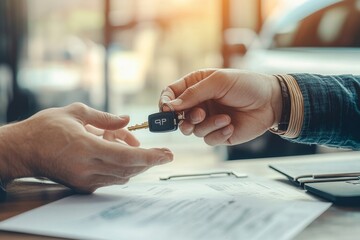Agent in auto leasing giving key of car to client after all document and paperwork contract signed, Generative AI