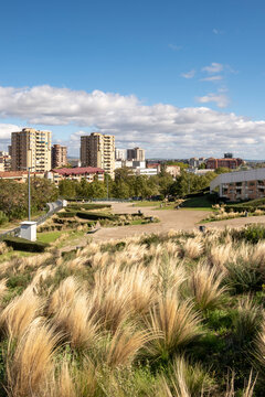 A scenic view showcasing modern city life, with apartment buildings surrounding an expansive park area, underscoring the blend between urban and green spaces in Logrono Spain