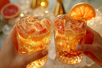 Cold fresh cocktail in a glass in summer on the beach. Preparation of a beach cocktail.