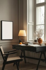 A Cozy Home Office with a Black Desk and Wicker Chair