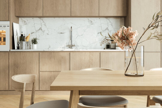 Close up of dinning table in kitchen interior, cabinet with modern kitchenware and sink with stove. Minimalist cooking area with wooden design