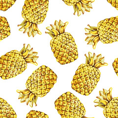 Golden Pineapple seamless pattern. Vintage fashion watercolor background