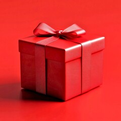 Obraz premium A vibrant red gift box sits on a matching red background. The glossy surface and elegant bow create a festive look. Perfect for holidays, celebrations, or special occasions. AI