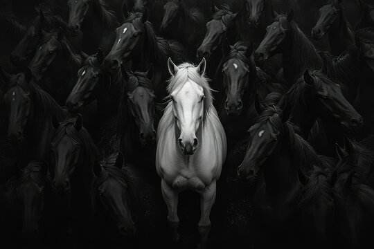 A Single White Horse Amidst a Herd of Black Horses