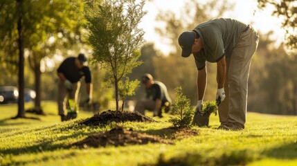 Golf course staff planting new trees, enhancing the natural beauty of the course in midday light