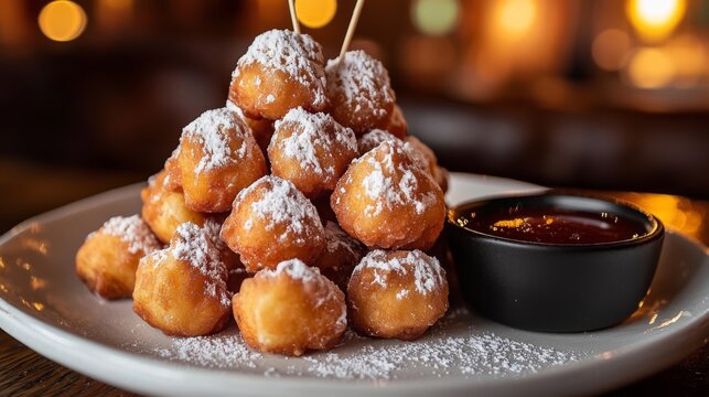 italian zeppole with powdered sugar, piled high on a serving plate with a small bowl of dipping sauce