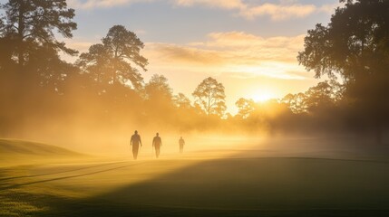 Golfers walking the course in the early morning mist, with the sun rising in the background