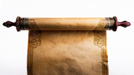 An ancient scroll in a vertical position, unrolled on a white background.