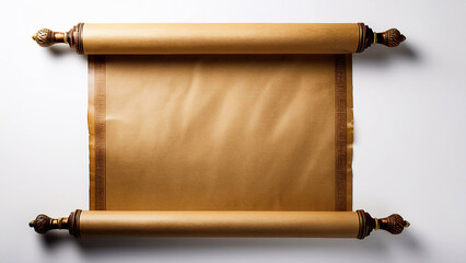 An ancient scroll in a vertical position, unrolled on a white background.