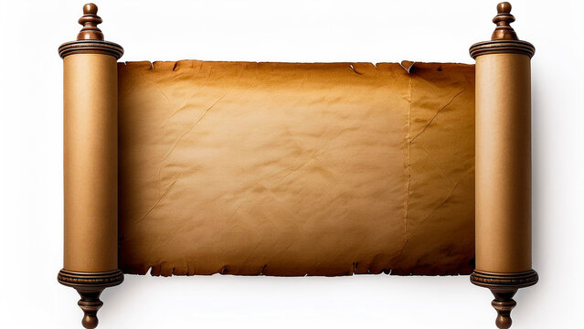 An ancient scroll in a horizontal position, unrolled on a white background.