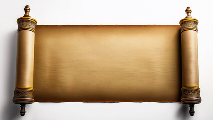 An ancient scroll in a horizontal position, unrolled on a white background.