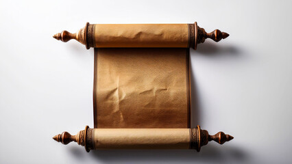 An ancient scroll in a vertical position, unrolled on a white background.