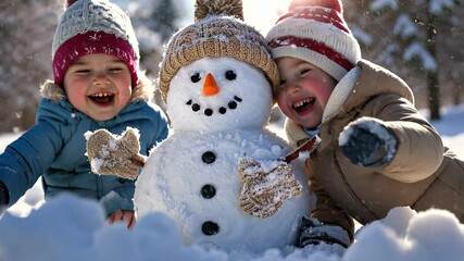 Two children laugh and play while creating a snowman on a sunny winter day, showcasing their creativity and joy