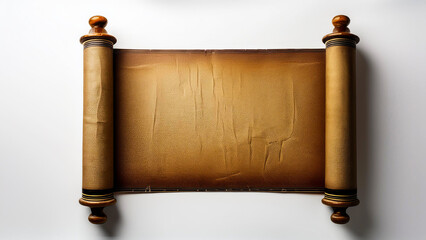 An ancient scroll in a horizontal position, unrolled on a white background.