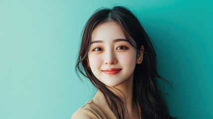 Fototapeta premium Half-body shot of a happy half-Korean girl in trendy clothes, directly engaging with the