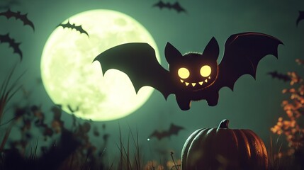 Cute Bat Silhouette with Glowing Eyes in a Spooky Halloween Scene - AI generated illustration.