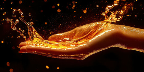 A hand is holding a stream of liquid, which appears to be gold