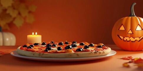 Halloween-themed Pizza with Black Olives and Pumpkin on Plate - AI generated illustration